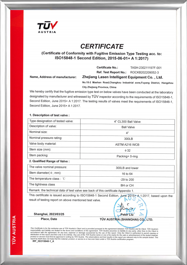 Sertifikat TUV ISO15848 (Katup Bola CL300 4