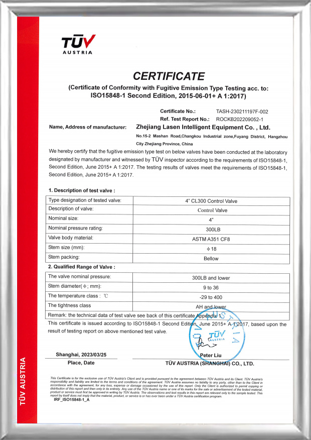 Sertifikat TUV ISO15848 (Katup Kontrol CL300 4