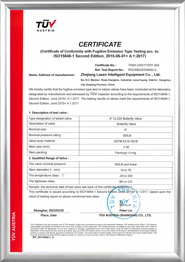 Sertifikat TUV ISO15848 (Katup Kupu-Kupu CL300 8