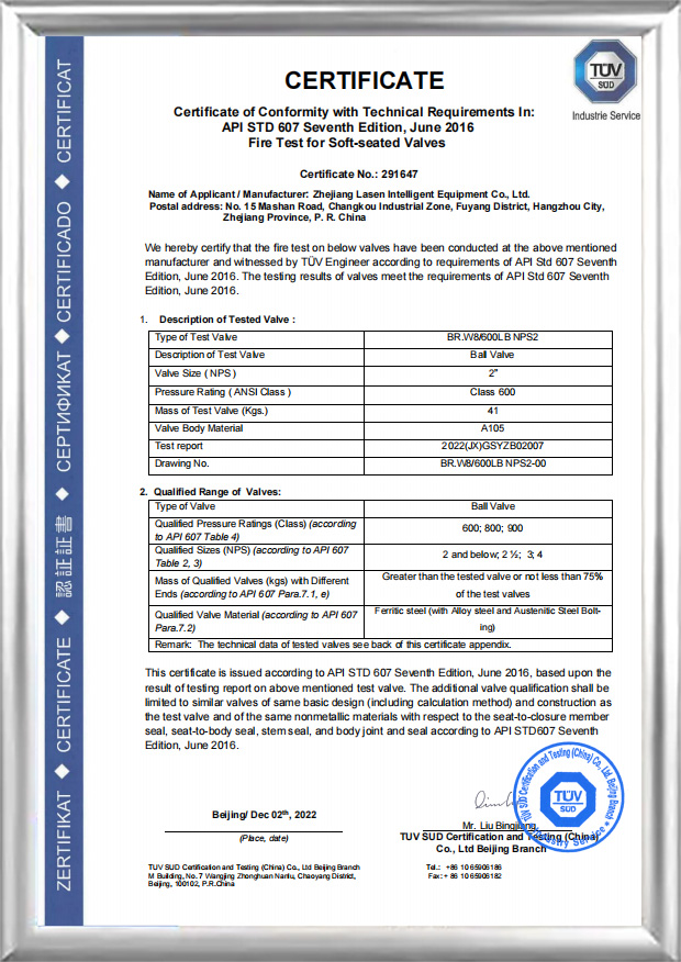 Sertifikasi Kebakaran API 607 ​​(BR.W8/600 LB NPS2)